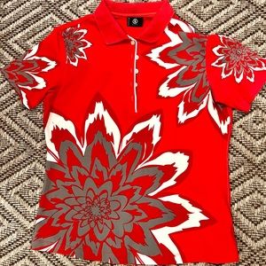 Bogner, Hot Red, short sleeve polo with ribbed collar, M, figure flattering!